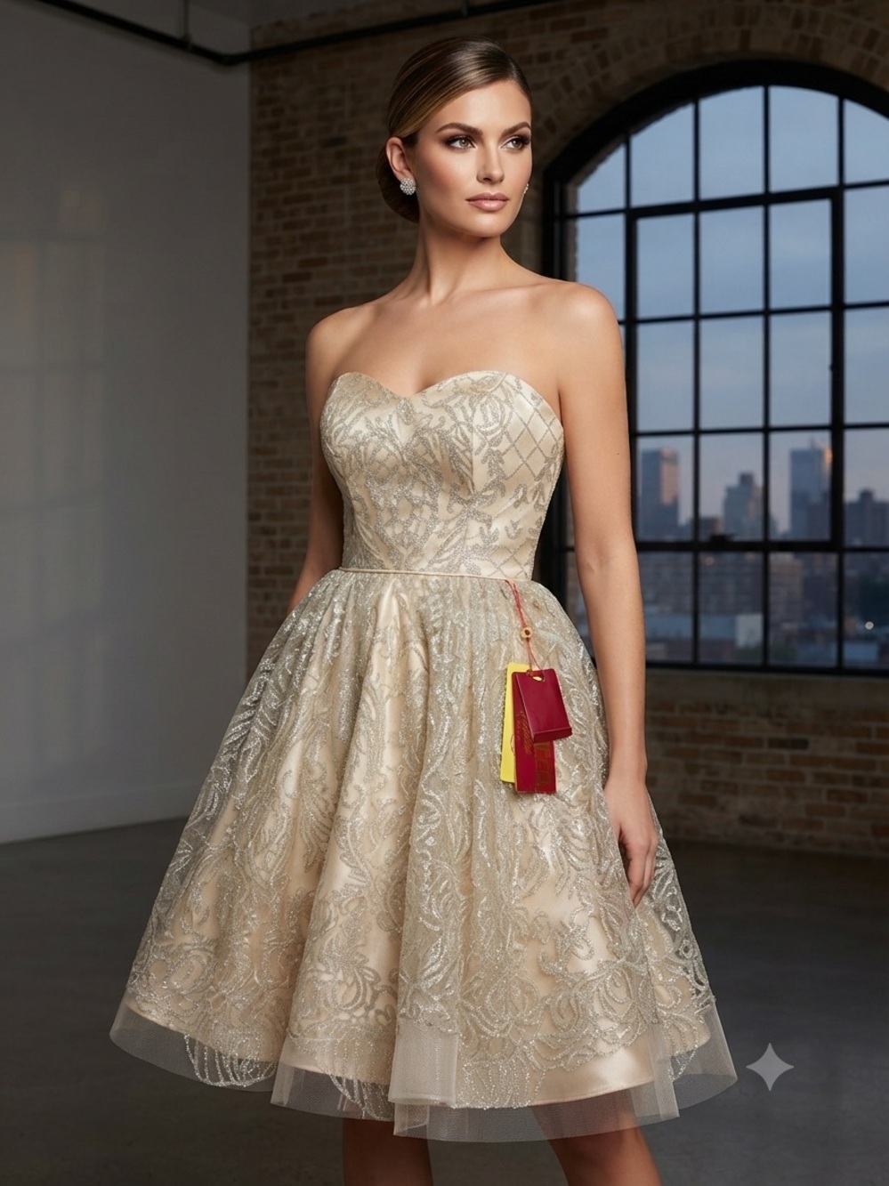Strapless Gold Party Dress with Embroidered Tulle Skirt